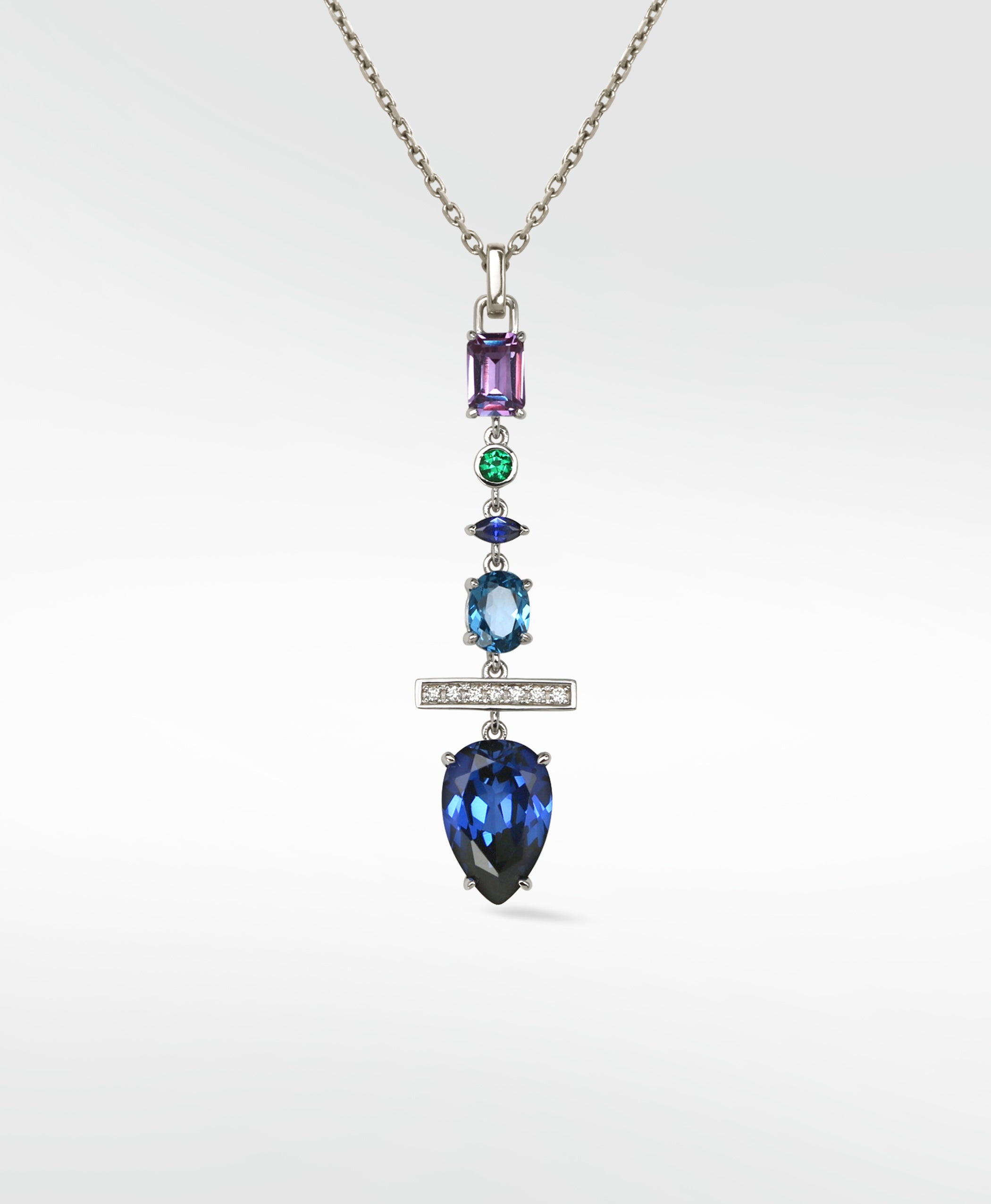 Detachable Sapphire Diamond and Emerald Long Drop with cultured diamonds lab grown diamonds created diamonds lark and berry