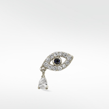 14k white gold Evil Eye earring with a blue sapphire pupil, pavé diamonds, and a dangling pear-cut diamond drop.
