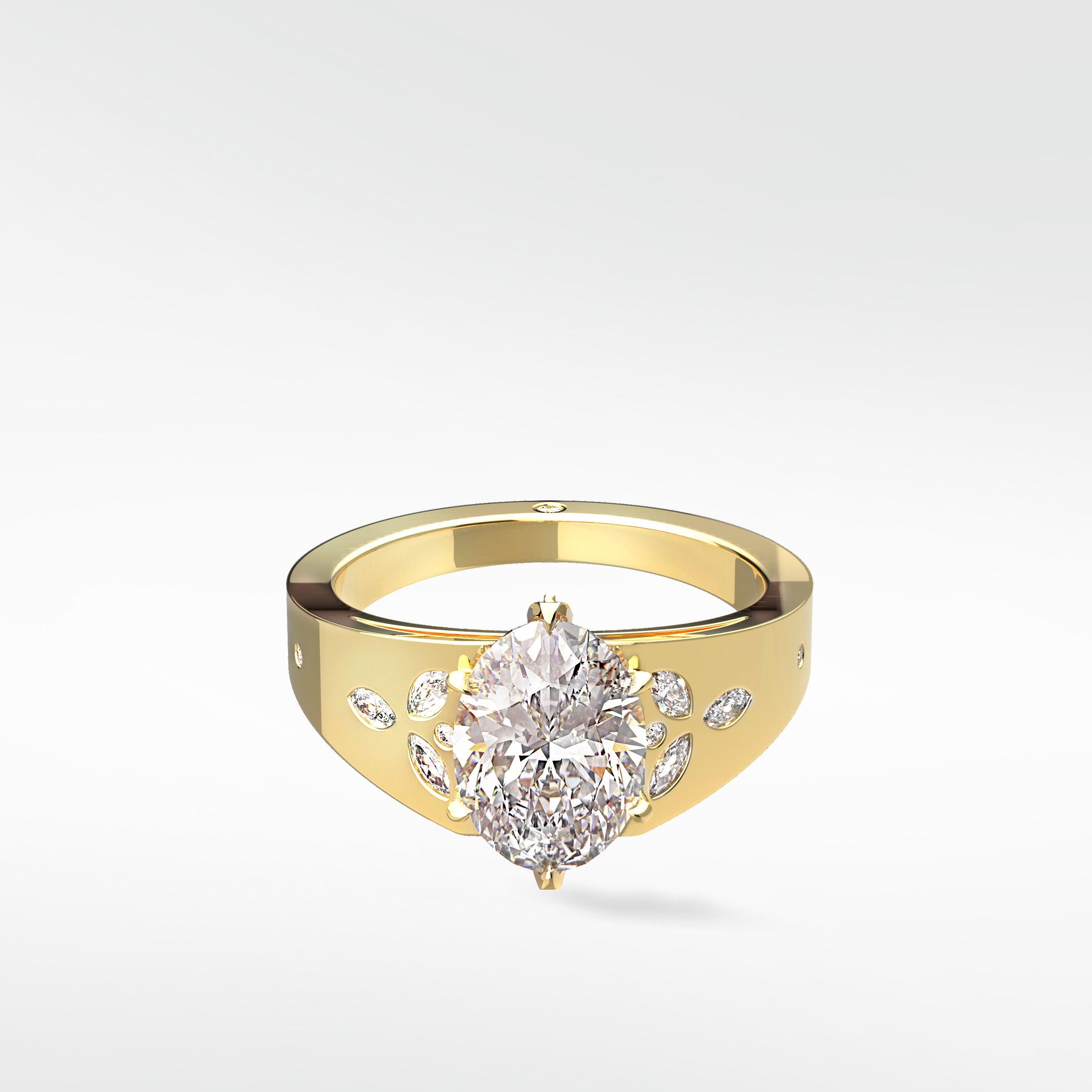 The Papaya Engagement Ring in yellow gold, featuring a central oval diamond surrounded by leaf-like accent diamonds.