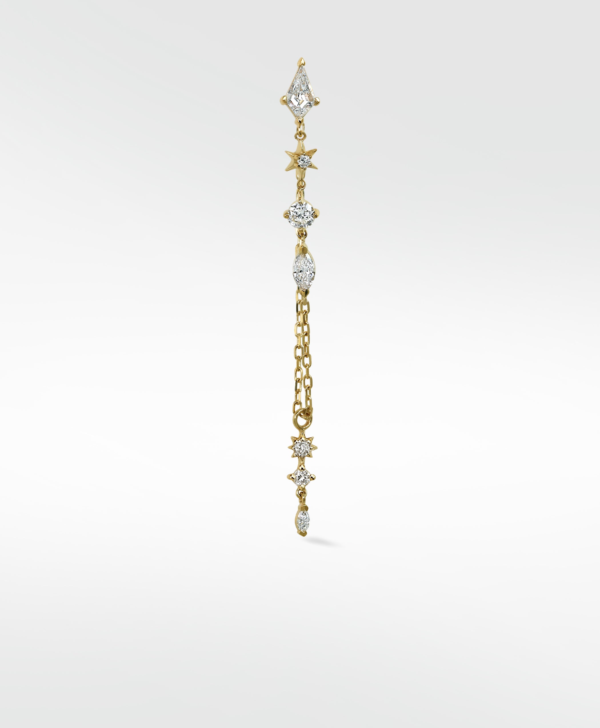 Gold Celestial Mixed Cut Chain Drop Earring with kite, round, and marquise cut diamonds and star details.