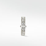 A white gold Modernist hoop earring with a central triangle diamond and baguette diamond accents, on a white background.